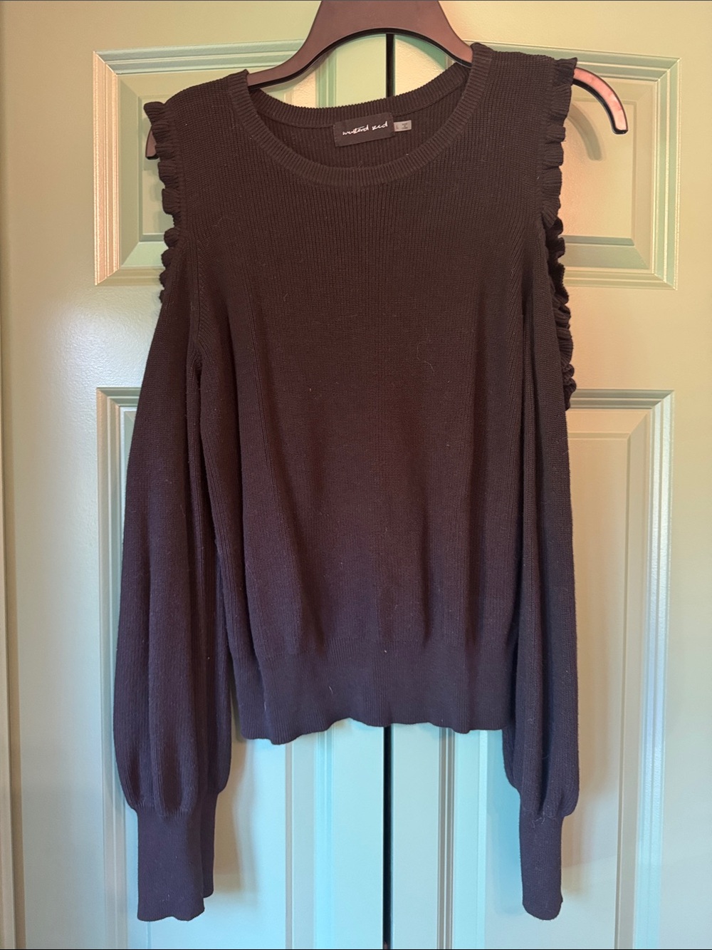 Mustard Seed dark brown crewneck cold shoulder sweater with ruffle